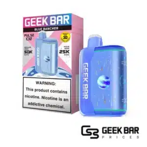 Blue Rancher Geek Bar Pulse X 2 50000 puffs disposable vape device with vibrant blue candy-themed packaging.