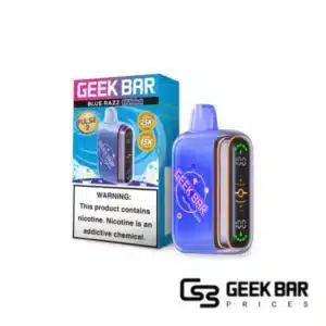 Blue Razz Hubba Geek Bar Pulse 2 disposable vape device featuring blue and pink candy-themed design, dome full screen display showing battery and e-liquid levels, Type-C charging port, rated for up to 25000 puffs in Regular Mode and 15000 puffs in Pulse Mode with 0.8ohm dual mesh coil technology