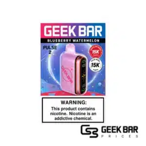 Blueberry Watermelon Geek Bar Pulse 2 disposable vape featuring vibrant fruit-themed design, dome full screen display tracking battery and e-liquid levels, Type-C charging port, rated up to 25000 puffs in Regular Mode and 15000 puffs in Pulse Mode with 0.8ohm dual mesh coil for balanced watermelon and blueberry flavor