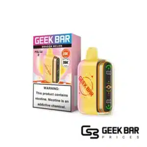 Dragon Melon Geek Bar Pulse 2 disposable vape featuring pink and green exotic fruit-themed design, dome full screen display for battery and e-liquid monitoring, Type-C charging port, rated up to 25000 puffs in Regular Mode and 15000 puffs in Pulse Mode with 0.8ohm dual mesh coil for dragon fruit and honeydew melon flavor