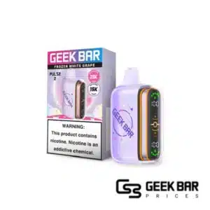 Frozen White Grape Geek Bar Pulse 2 disposable vape featuring frosted grape-themed design, dome full screen display for battery and e-liquid monitoring, Type-C charging port, rated up to 25000 puffs in Regular Mode and 15000 puffs in Pulse Mode with 0.8ohm dual mesh coil for crisp icy white grape flavor