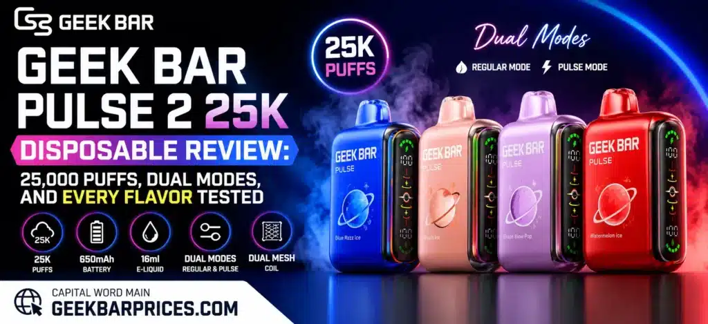 Geek Bar Pulse 2 25K Disposable Vape review banner featuring multiple device colors, 25,000 puffs, dual modes, and every flavor tested with GEEKBARPRICES.COM branding.