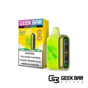 Lemon Hubba Geek Bar Pulse 2 disposable vape featuring bright yellow citrus-themed design, dome full screen display for battery and e-liquid monitoring, Type-C charging port, rated up to 25000 puffs in Regular Mode and 15000 puffs in Pulse Mode with 0.8ohm dual mesh coil for tangy lemon bubblegum flavor