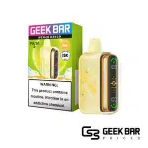 Mexico Mango Geek Bar Pulse 2 disposable vape featuring warm orange tropical-themed design, dome full screen display for battery and e-liquid monitoring, Type-C charging port, rated up to 25000 puffs in Regular Mode and 15000 puffs in Pulse Mode with 0.8ohm dual mesh coil for ripe tropical mango flavor
