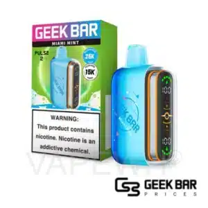 Miami Mint Geek Bar Pulse 2 disposable vape featuring cool blue mint-themed design, dome full screen display for battery and e-liquid monitoring, Type-C charging port, rated up to 25000 puffs in Regular Mode and 15000 puffs in Pulse Mode with 0.8ohm dual mesh coil for crisp clean mint flavor