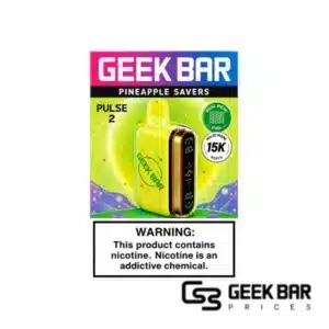 Pineapple Savers Geek Bar Pulse 2 disposable vape featuring bright yellow and green tropical candy-themed design, dome full screen display for battery and e-liquid monitoring, Type-C charging port, rated up to 25000 puffs in Regular Mode and 15000 puffs in Pulse Mode with 0.8ohm dual mesh coil for tangy pineapple candy flavor