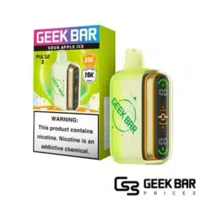 Sour Apple Ice Geek Bar Pulse 2 disposable vape featuring vivid green and frosted-white design, dome full screen display for battery and e-liquid monitoring, Type-C charging port, rated up to 25000 puffs in Regular Mode and 15000 puffs in Pulse Mode with 0.8ohm dual mesh coil for tart green apple menthol flavor