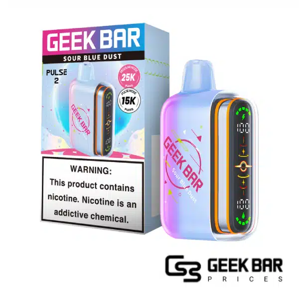 Sour Blue Dust Geek Bar Pulse 2 disposable vape featuring bold electric-blue candy-themed design, dome full screen display for battery and e-liquid monitoring, Type-C charging port, rated up to 25000 puffs in Regular Mode and 15000 puffs in Pulse Mode with 0.8ohm dual mesh coil for sour candy blue raspberry flavor