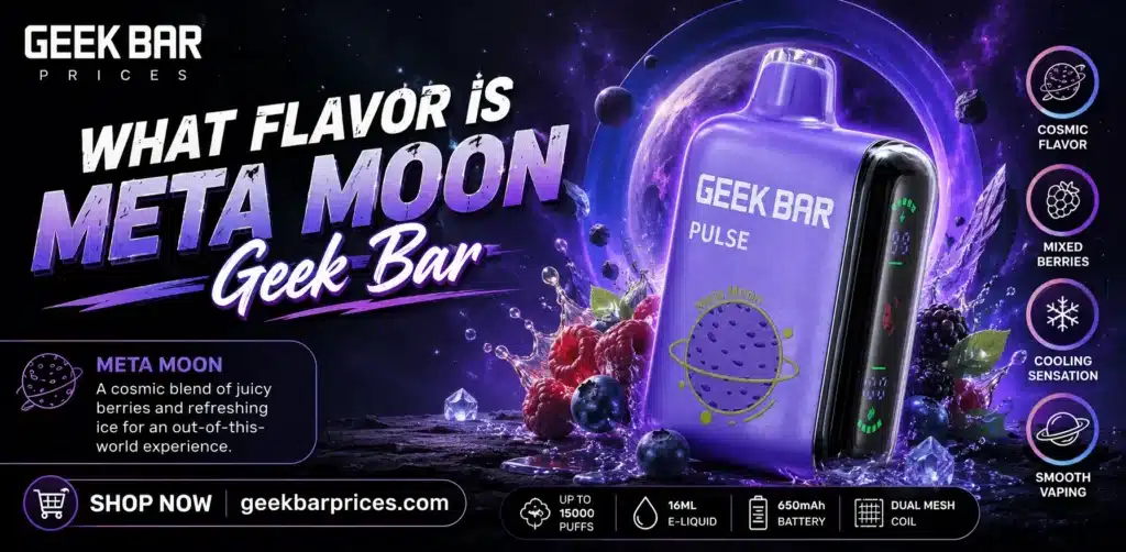 Meta Moon Geek Bar disposable vape showing futuristic full screen display
