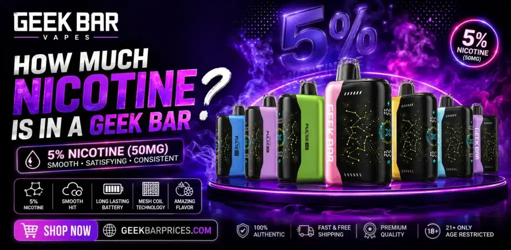 How Much Nicotine Is in a Geek Bar – Geek Bar disposable vape displayed with nicotine strength information, nicotine salt formula, e-liquid capacity, and packaging details showing common nicotine concentrations available for adult vape users.