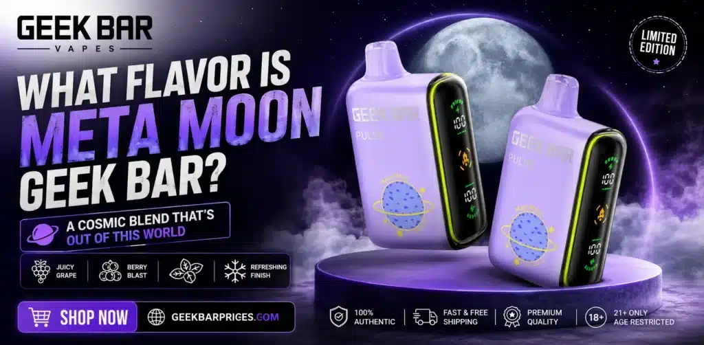 What Flavor Is Meta Moon Geek Bar – Geek Bar Meta Moon disposable vape featuring a vibrant design that represents its unique fruity flavor blend with sweet berry notes, juicy tropical fruits, and a smooth, refreshing finish for adult vape users.