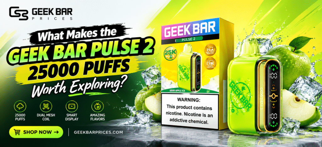 Geek Bar Pulse 2 25000 Puffs disposable vape featuring a sleek compact design, rechargeable battery, digital display, dual mesh coil, and high puff capacity