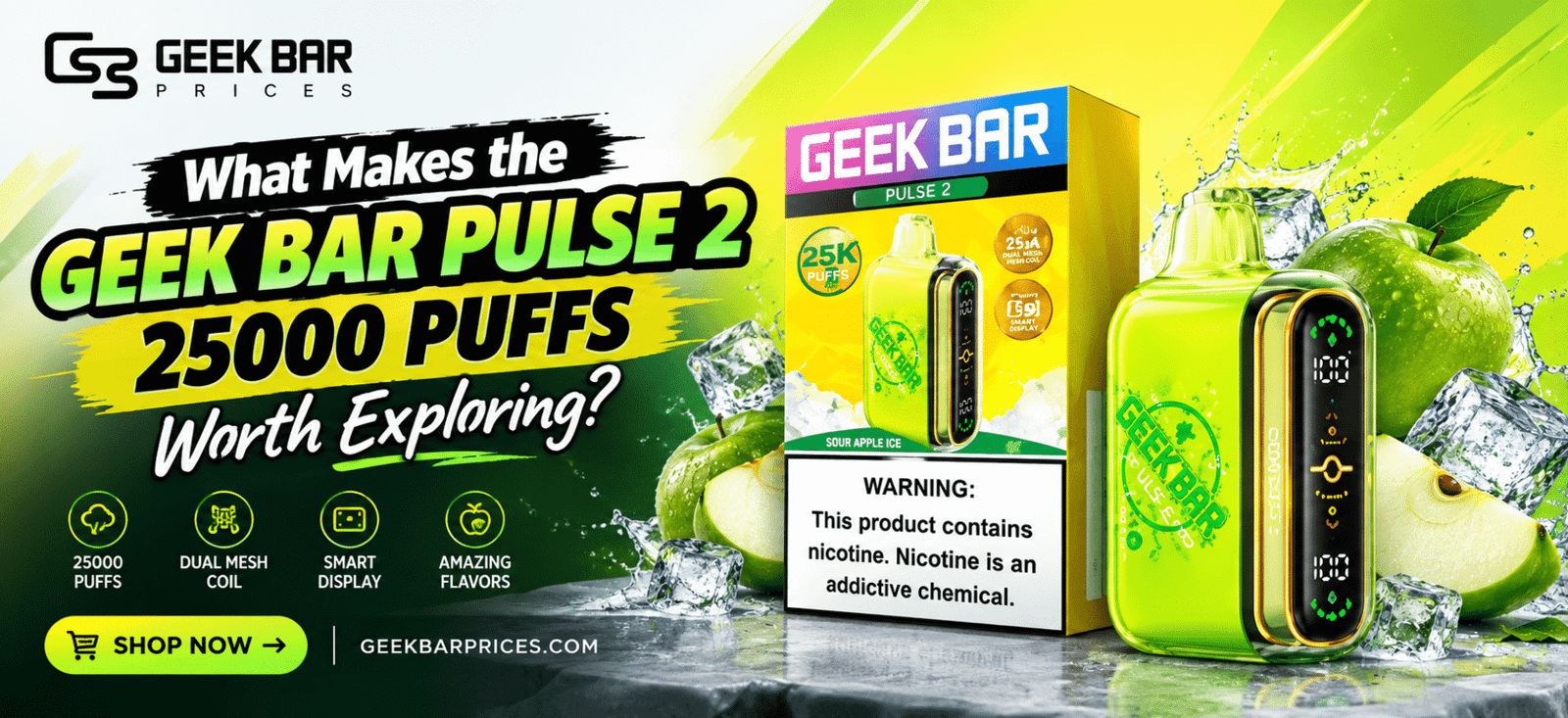 Geek Bar Pulse 2 25000 Puffs disposable vape featuring a sleek compact design, rechargeable battery, digital display, dual mesh coil, and high puff capacity