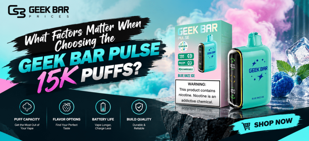 Geek Bar Pulse 15K Puffs disposable vape featuring a sleek design, rechargeable battery, digital display, mesh coil technology, and 15000 puff capacity