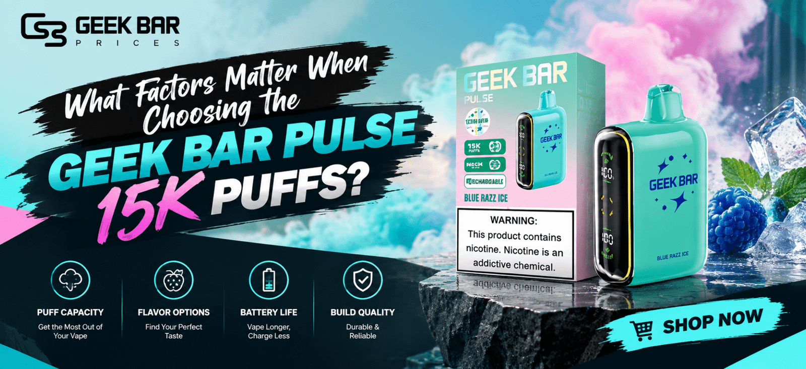 Geek Bar Pulse 15K Puffs disposable vape featuring a sleek design, rechargeable battery, digital display, mesh coil technology, and 15000 puff capacity