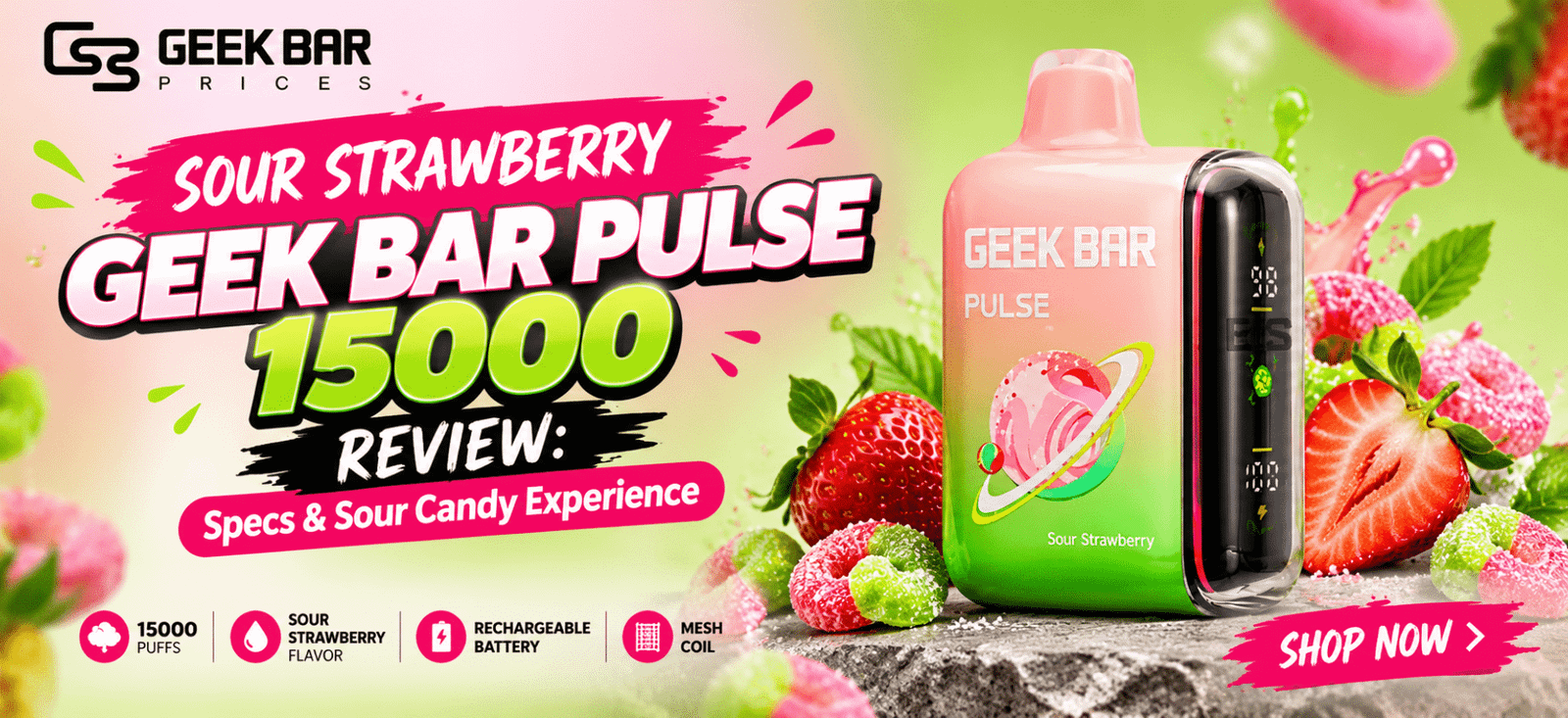 Sour Strawberry Geek Bar Pulse 15000 review featured image with specs and sour candy flavor