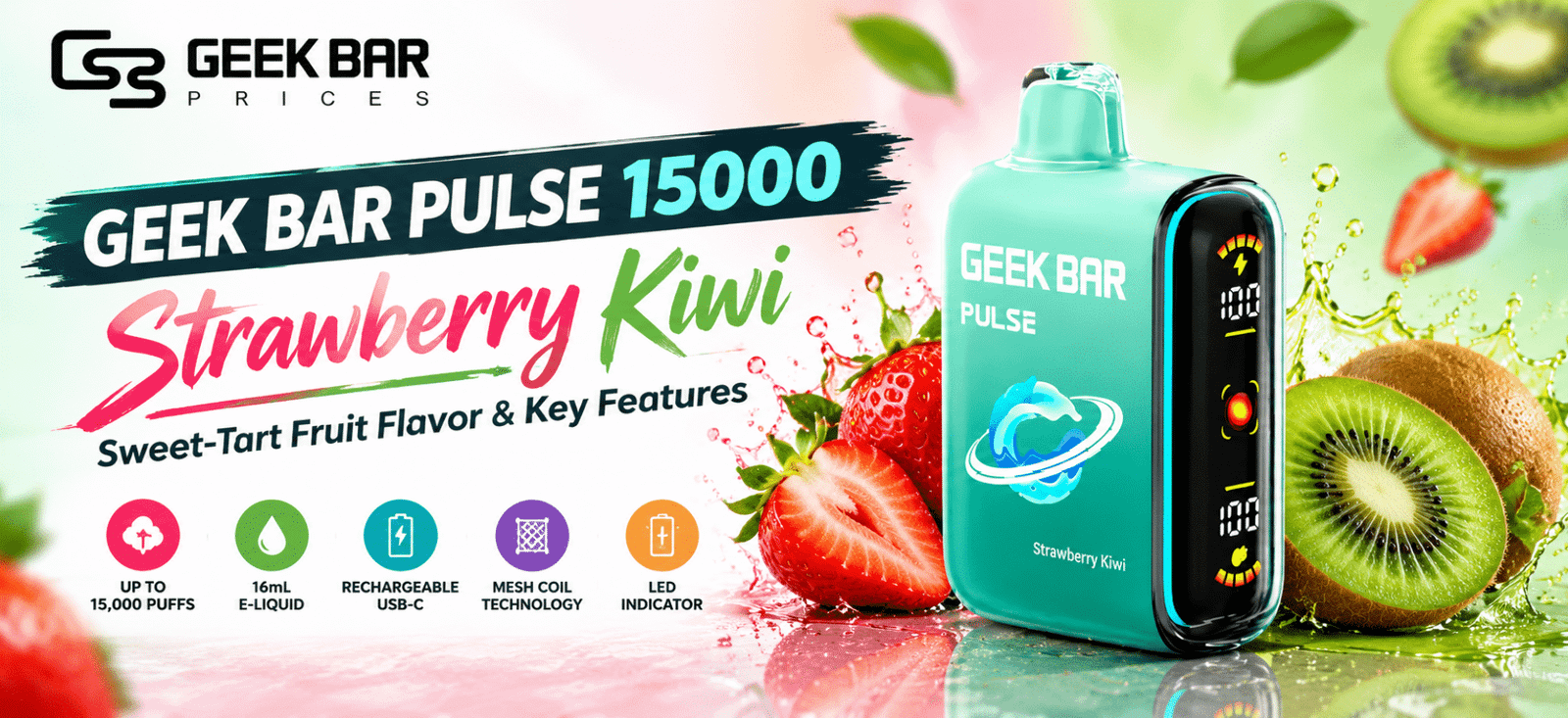 Strawberry Kiwi Geek Bar Pulse 15000 featuring a teal design, sweet-tart fruit flavor theme, and key device features.